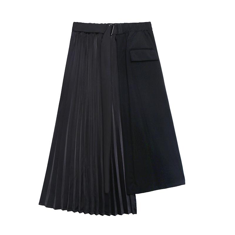 Women's Japanese Dark Style Two-Piece Set: Irregular Short Sleeve Top & Pleated Midi Skirt.