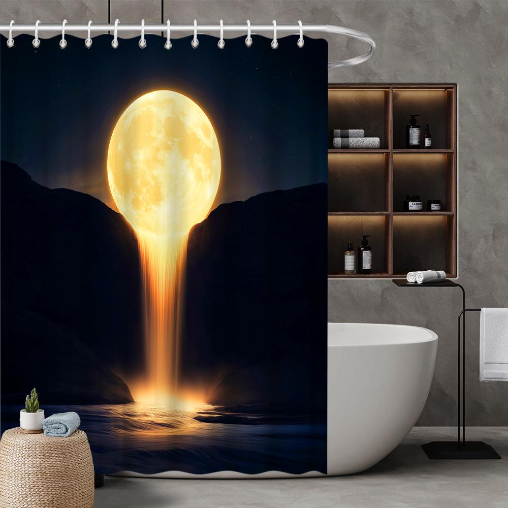 

Full Moon & Waterfall Shower Curtain - Glowing Yellow Moon Over Mountains, Surreal Landscape Design, Stylish Bath Decor W60H190(CM)-1 Pcs