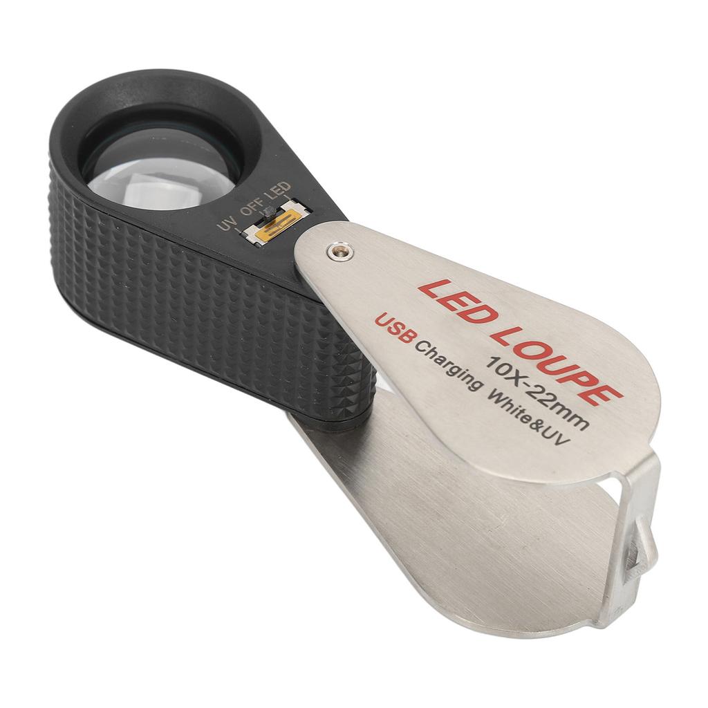 Rechargeable Loupe 10x Jewelers Foldable Jewelry Pocket Magnifying Glass With 6 Led Lights And 7 Uv