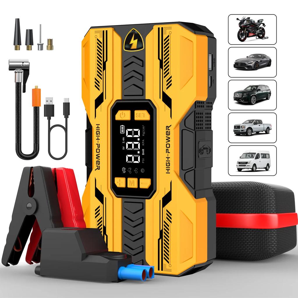 4-in-1 Car Jump Starter Power Bank with Air Compressor, 12V Portable Battery Booster for Auto Motorcycle LED Light & USB