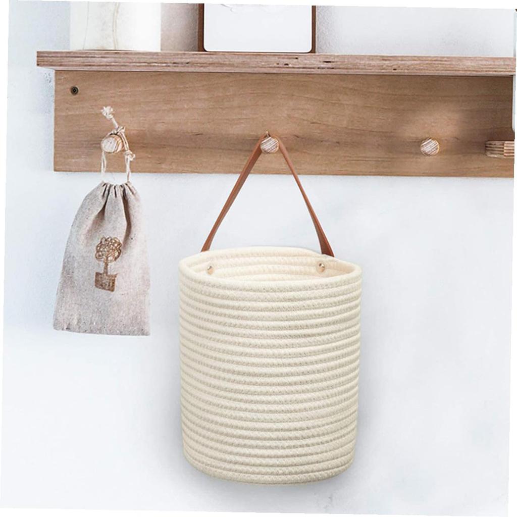 KESYOO Cotton Rope Hanging Basket with Leather-Look Handle, 30 cm