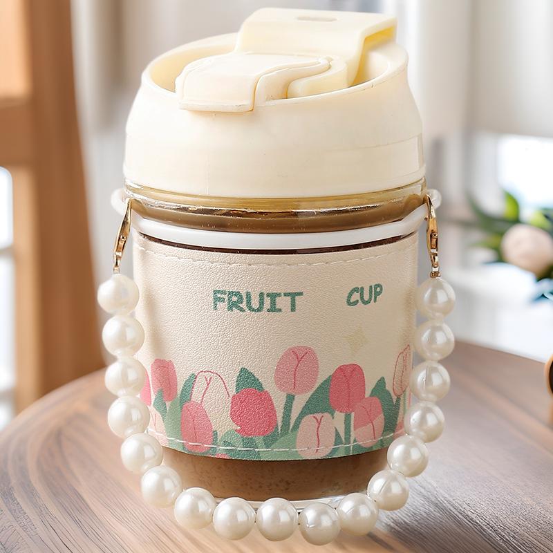 Pearl Cup Glass High Value Water Cup Straw Cup Coffee Cup Gift Double Drinking Cup Premium Sense Companion Cup