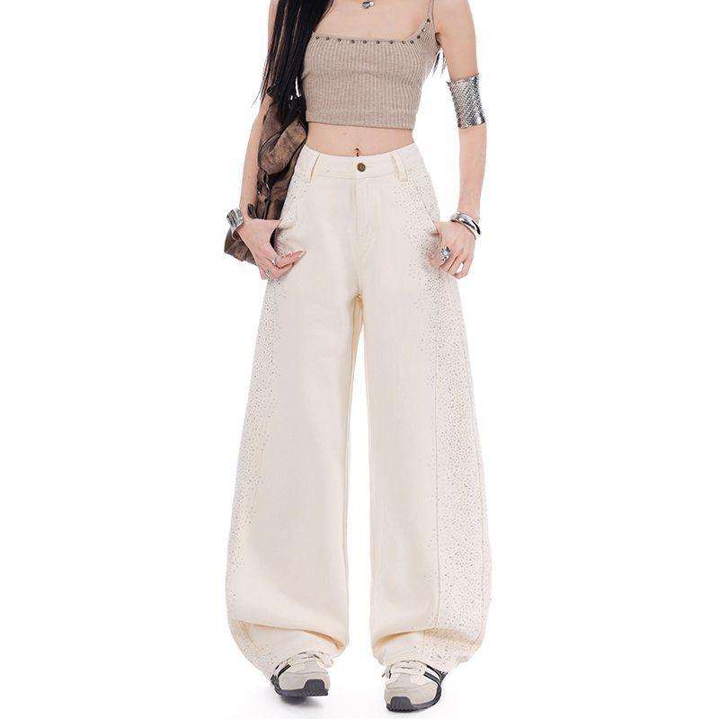 Early Spring Full Star Rhinestone Vintage Street High Waist Slim Fashion Saber Cut Denim Pants For Women Casual Pants Oversize Denim Trousers