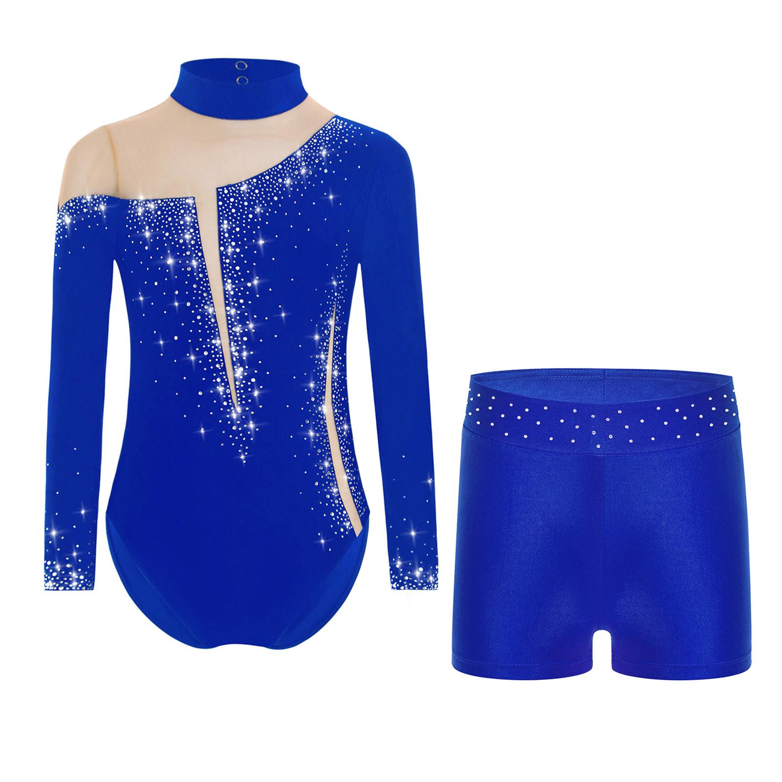

Girls Sparkly Rhinestones Leotard Long Sleeve Mesh Patchwork Bodysuit Gymnastics Shorts Set 5-6 Years синій