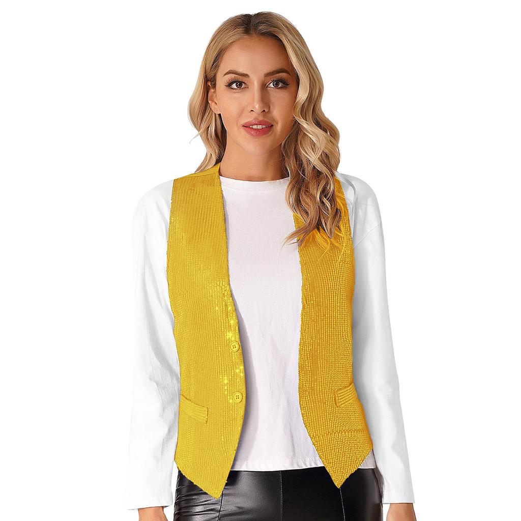 Unisex Adult Shiny Sequin Vest Sleeveless Button Design Waistcoat Jacket for Music Festival