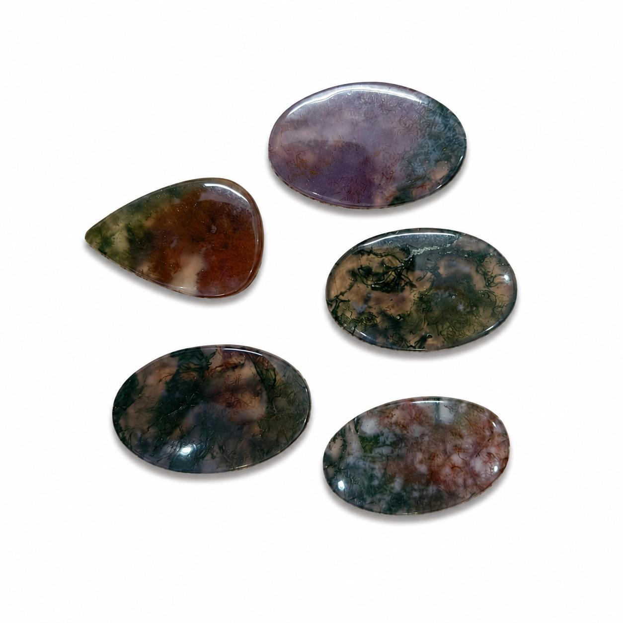 Natural Moss Agate Cabochon Set, Mixed Shape Moss Agate Loose Gemstones, Dendritic Agate Cabochons for Jewelry Making, 5 Piece Gemstone Set зелёный