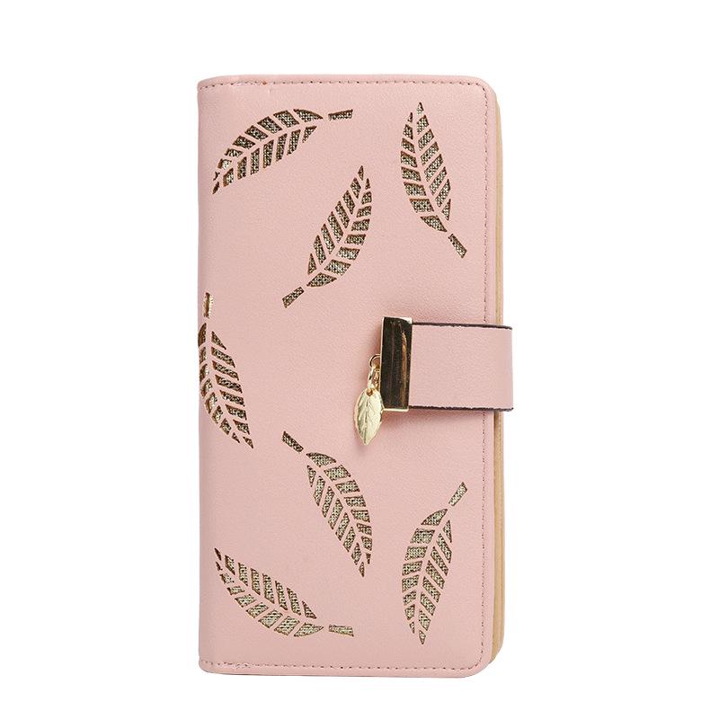 Women's Leaf Cutout Long Wallet – PU Leather Zipper Coin Purse