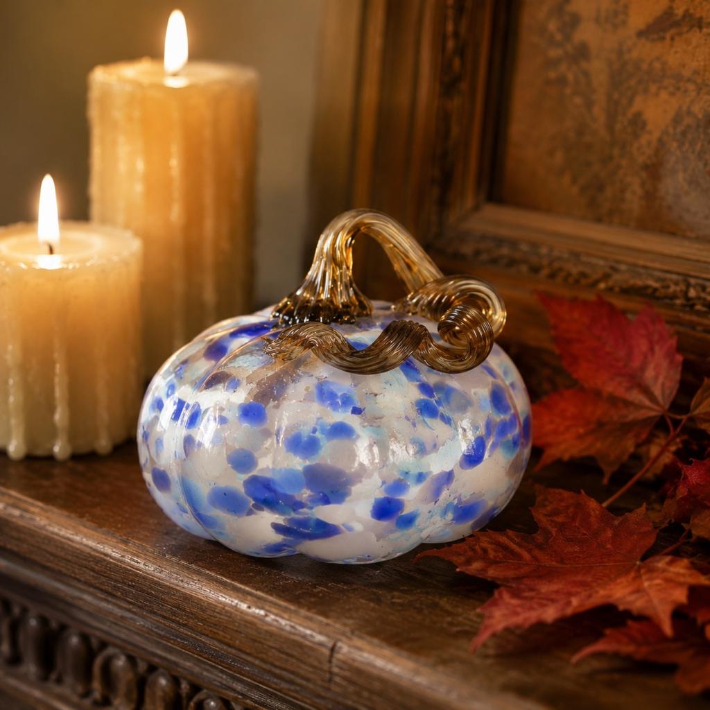 Hand Blown Glass Pumpkin Ornament with Swirled Stem for Table Centerpiece Fall Harvest Party Home Decor Display