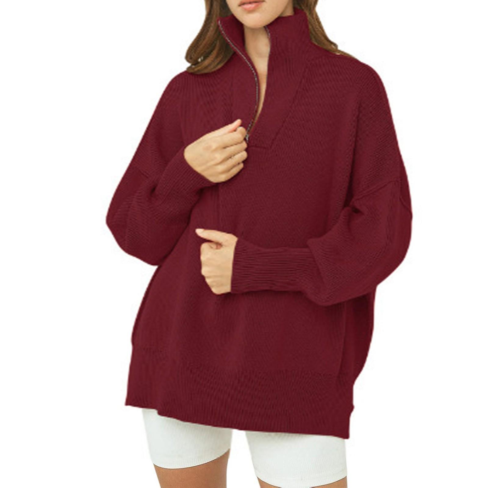 

Женский свитер с высоким воротом и длинным рукавом на молнии, свитер с открытыми плечами S винный