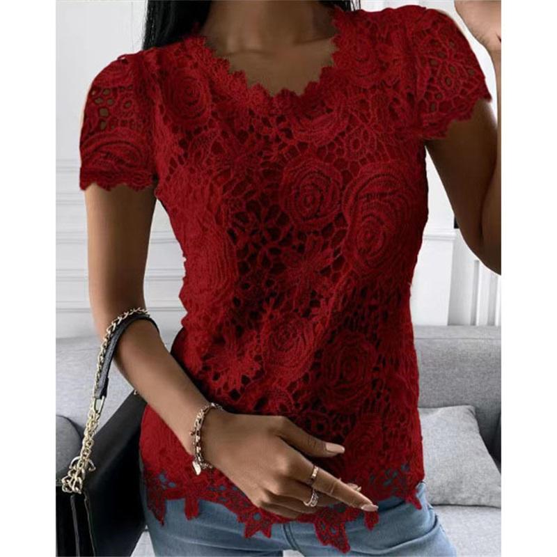 Summer New Style Ladies European And American Style Lace Shirt Solid Color Large Size Casual V-neck Simple Short-sleeved Top