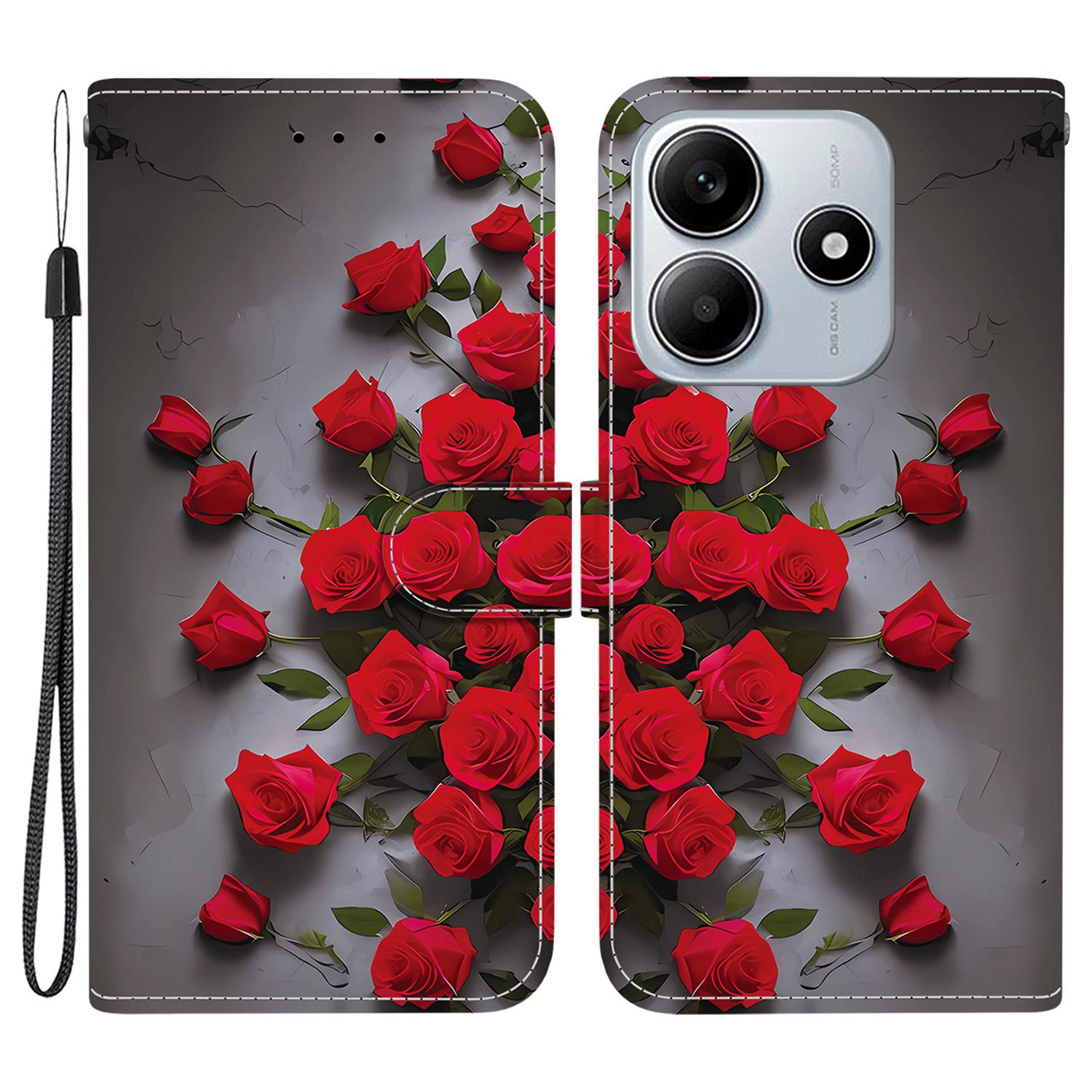 

For Xiaomi Redmi Note 14 5G Leather Case Stand Wallet Pattern Printing Phone Cover with Wrist Strap Red Rose