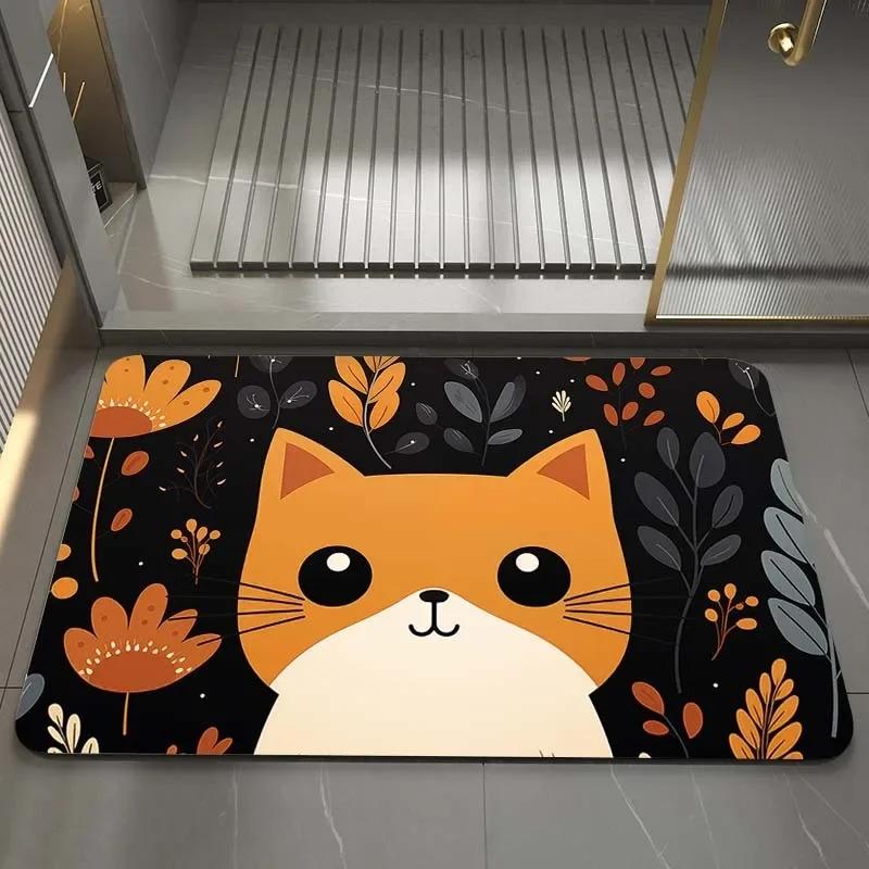 Cute Cat Fast Drying Bathroom Mat Washable Floor Bathroom Door Mat Anti-Slip Soft Shower Room Carpet Rug Living Room Doormat