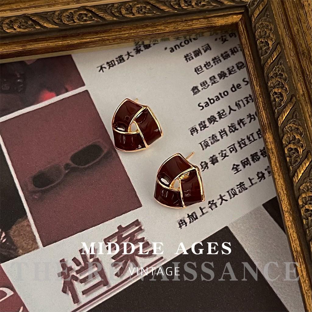 Vintage Burgundy Red Enamel Drop Earrings - Retro French Style Studs