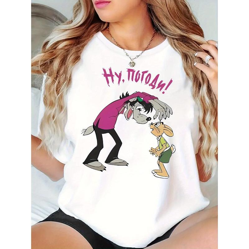 

Женская трендовая футболка с принтом мультяшного волка и кролика, европейский размер - Повседневная, с коротким рукавом, удобный летний топ, можно стирать в машине S белый