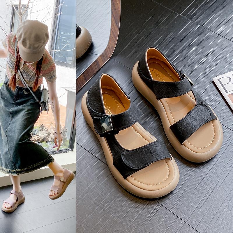 

2025 лето новые ретро повседневные крутые шлепанцы с открытым носком металлическая этикетка круглый носок толстая подошва одна педаль пляжная обувь женская 42 чёрный