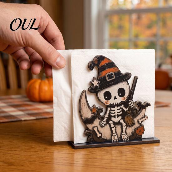 Cute Owl Table Decor Halloween Wood Napkin Holder, Rustic Ghost Skeleton Pumpkin Dispenser, Vertical Holder Vintage Tabletop Standing Tissue