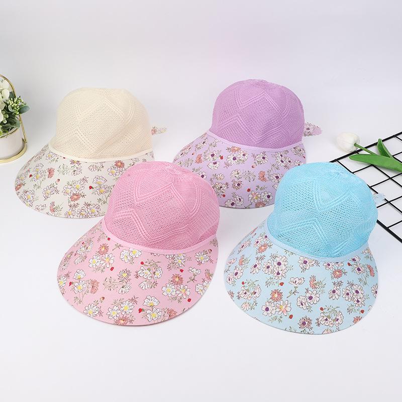 Summer floral mesh women's beach visor, tea picking, cycling, outdoor large extension visor, knitted adult hat