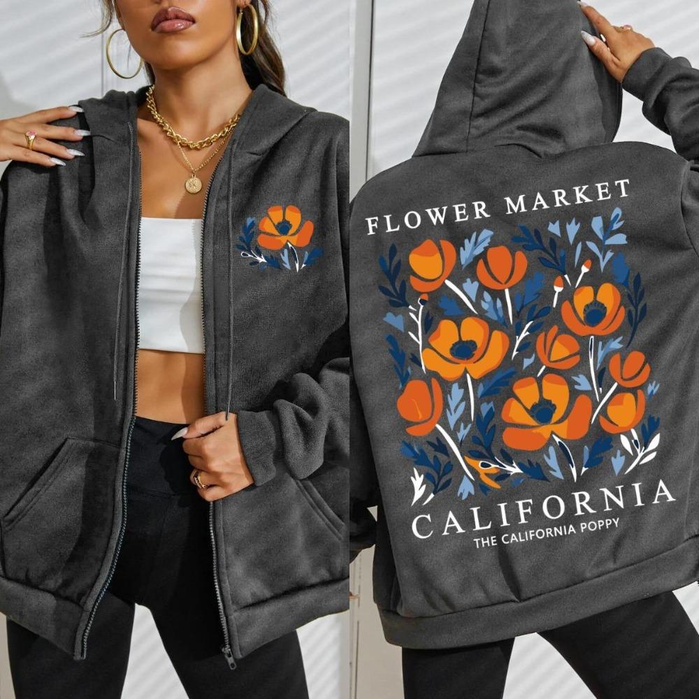 Yellow Flowers Market California Prints Women Zipper Hoodie Fashion Loose Hoody Soft Casual Sportswear Autumn Clothing
