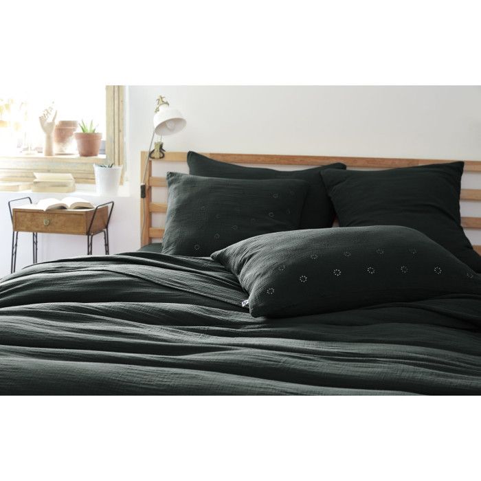 Taie d'oreiller Brodée Déco "Gaïa Boho" 60 x 60 cm & 50 x 70 cm "Gaze de Coton" l'Effet Papillon - Gaia Boho Sapin - Taie d'oreiller