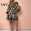 Stand Collar Lantern Sleeve Dress Fall Summer Women Single-breasted Long Sleeves Slim Vintage-inspired Waist Vintage Ruffle Edge Pleated Colorful