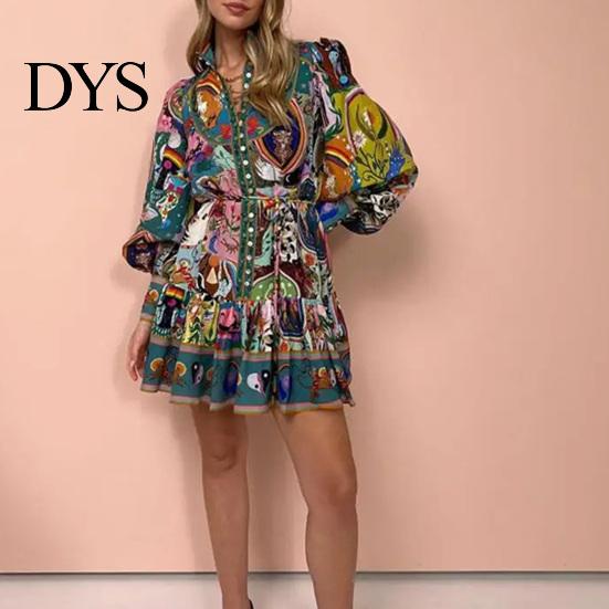 Stand Collar Lantern Sleeve Dress Fall Summer Women Single-breasted Long Sleeves Slim Vintage-inspired Waist Vintage Ruffle Edge Pleated Colorful