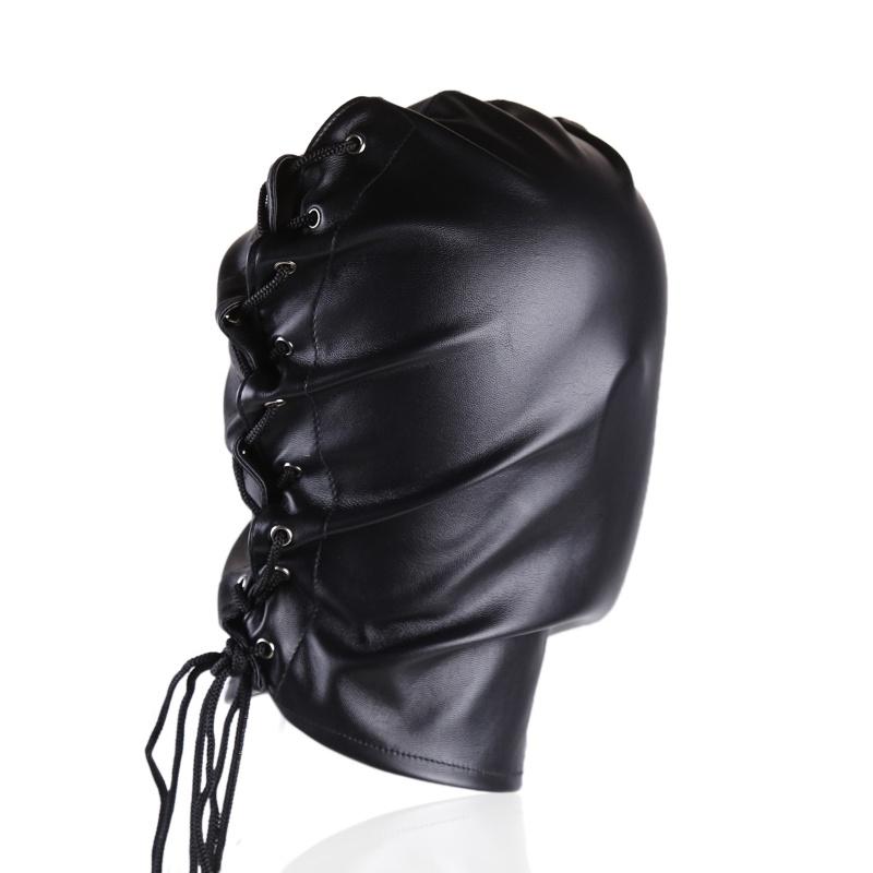 Unisex Damen Herren Cosplay Gesichtsmaske Halloween Sexy PU Leder Kordelzug Vollmasken Kapuze für Rollenspiel Kostüm Kopfbedeckung