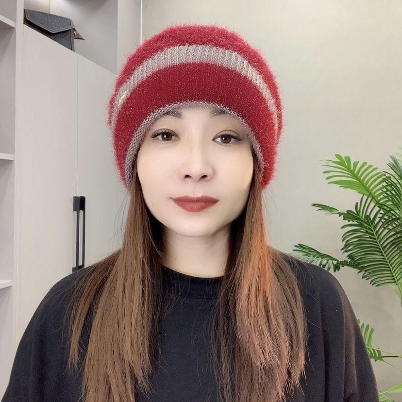 Women's Hat Winternew Arrivalknittingfashioneasiest for Matchcontrast Colorstripes Beilei Hat Double Layerthickened