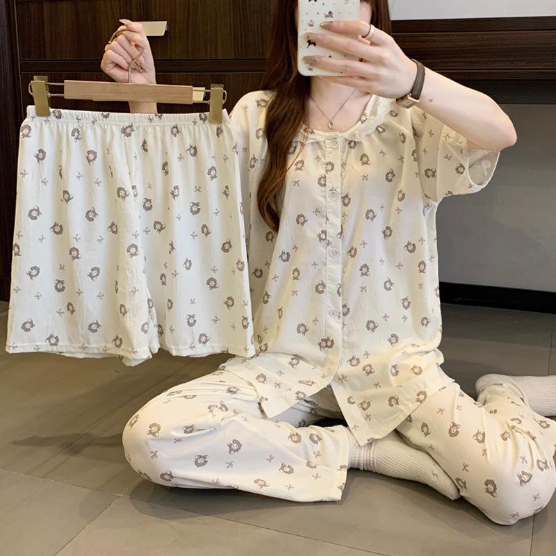 Crew Neck Lace Cloud Cotton Pajamas Women'S Summer Short Sleeves Sweet Cartoon Loungewear Three-Piece Set