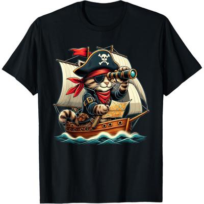 T-shirt Aventure Chat Pirate Drôle Halloween Amoureux des Chats Hommes Femmes