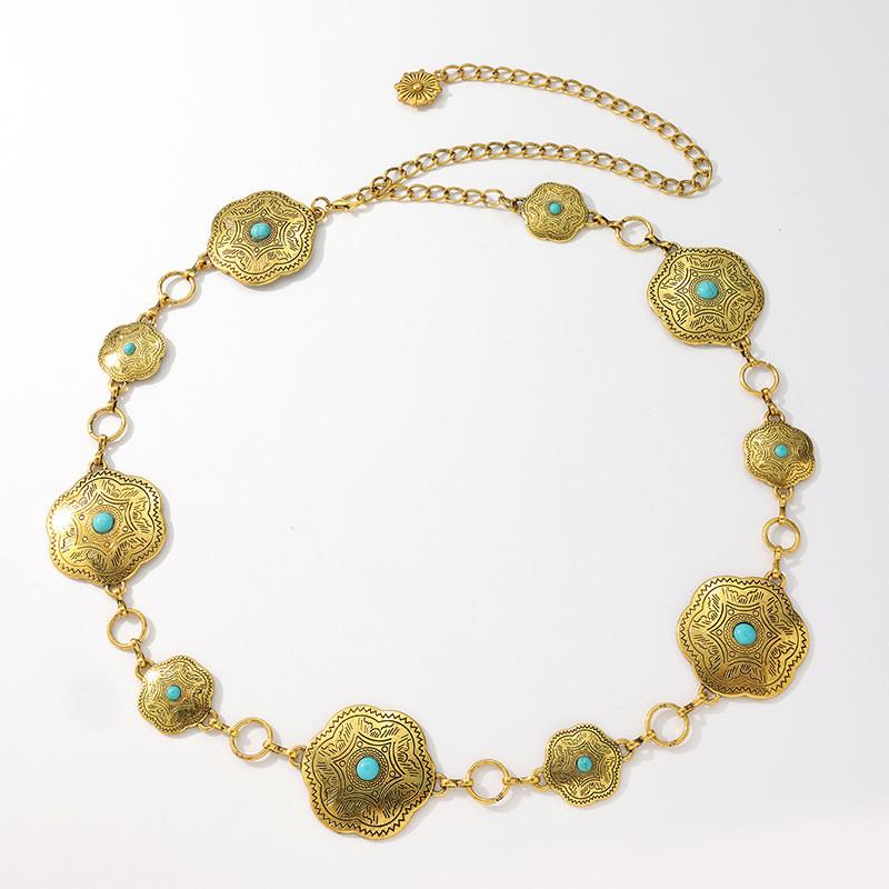 Turquoise Style Western Silver Metal Waist Chain With Carved Details Women For