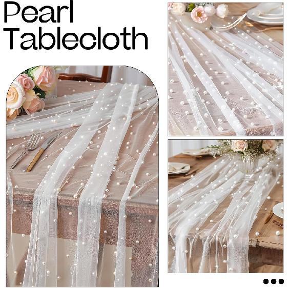 White Pearl Table Runner Tulle Fabric Lace Tablecloth Beaded Pearl Table Cover Mesh Sheer Table Cloth for Bridal Shower Birthday Party Wedding Arch