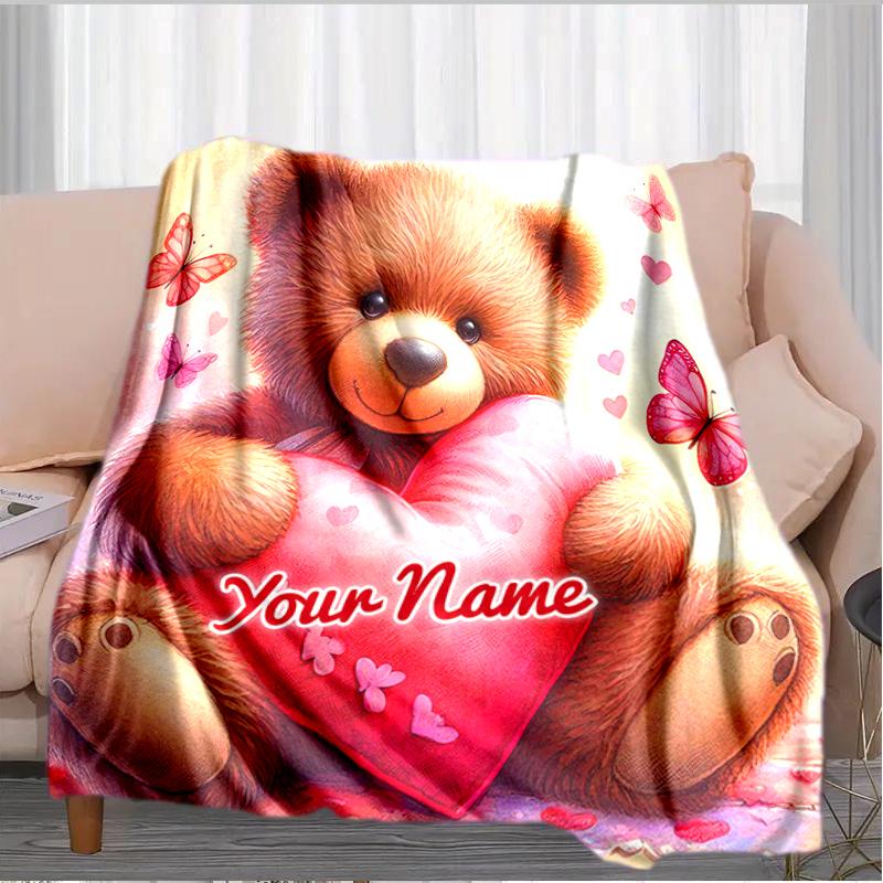 1PC Custom Name Teddy Bear Heart Flannel blankets Patterns Throw Blanket All-Season Soft Gift for Couch, Bed, Camping gifts