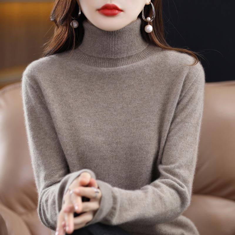 Women's High Neck 100% Pure Wool Sweater - Cashmere Knit Inner Layer Cardigan for Autumn & Winter