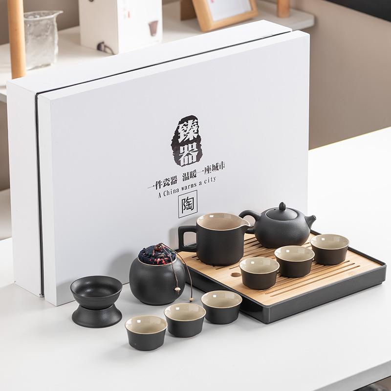 Black Pottery Kung Fu Tea Set Cover Bowl Teapot Tea Cup Tea Set Accessories Complete Tea Tray Business Gifts High-end Gift Box