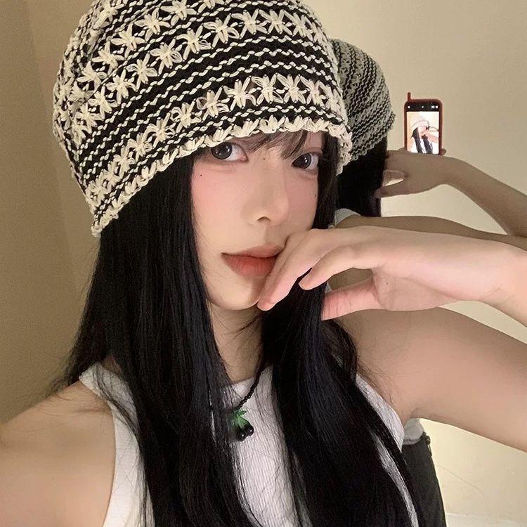 Women's Flower Hollow Slouchy 3D Hat Spring and Summer Thin Korean Style Breathable Large Head Fashionable Head-Wrapping Hat