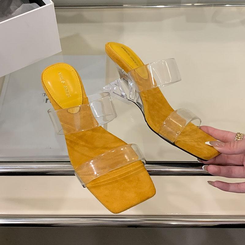 

Fashion Fashion Transparent Heels Women Wedges Slippers Shoes Square Toe Ladies Heeled Sandals Slippers Shoes Female Slides Pumps 35 жёлтый