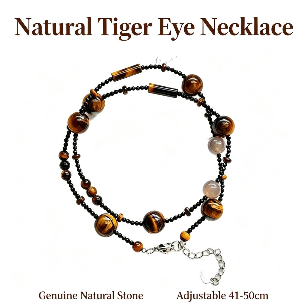 Natural Tiger Eye Beaded Necklace Starry Choker Boho Collarbone Chain