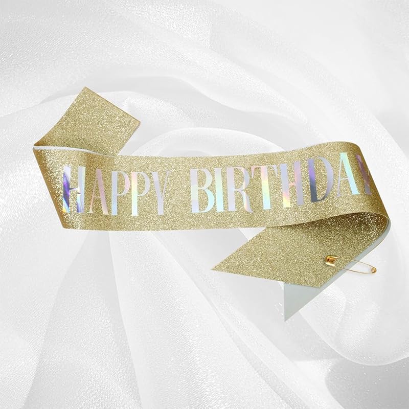 LIKENNY 3-Piece Birthday Headband, Sash, and Brooch Set, Sparkly Birthday Cake Decorations, HAPPY BIRTHDAY Party Supplies, Anniversary Celebration