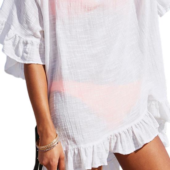 Bikini Cover Up Ruffles V Neck Ladies Elegant Pure Color Sundress for Beach