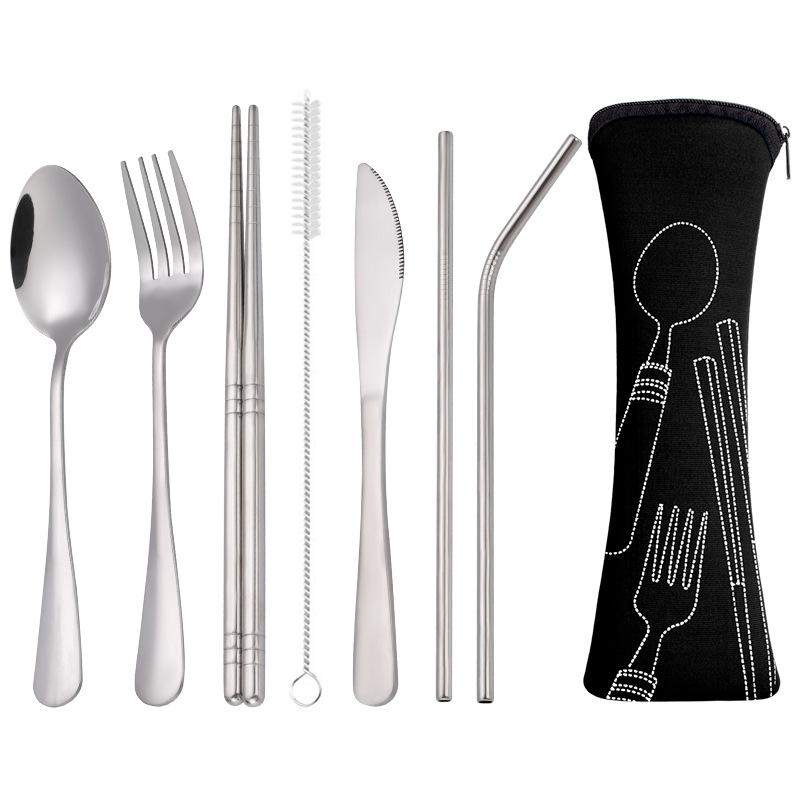 7pcs/ Set Stainless Steel Tableware Set Outdoor Portable Cloth Bag Knife Fork Spoon Chopsticks Straw Rich Flowers Seven Sets