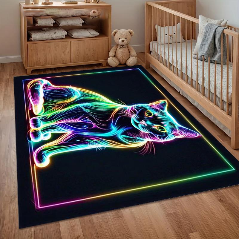 1pc Neon Rainbow Cat Rug Psychedelic Light Pattern Non Slip Floor Mat for Living Room Bedroom Neon Punk Home Decor Carpet