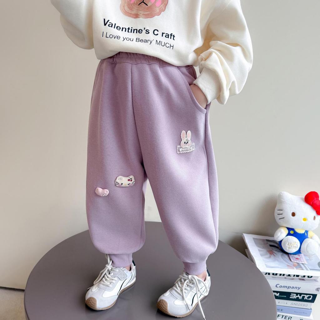Girls' Autumn Rabbit Embroidery Sweatpants - Fashionable Casual Long Pants for Baby and Medium-sized Kids