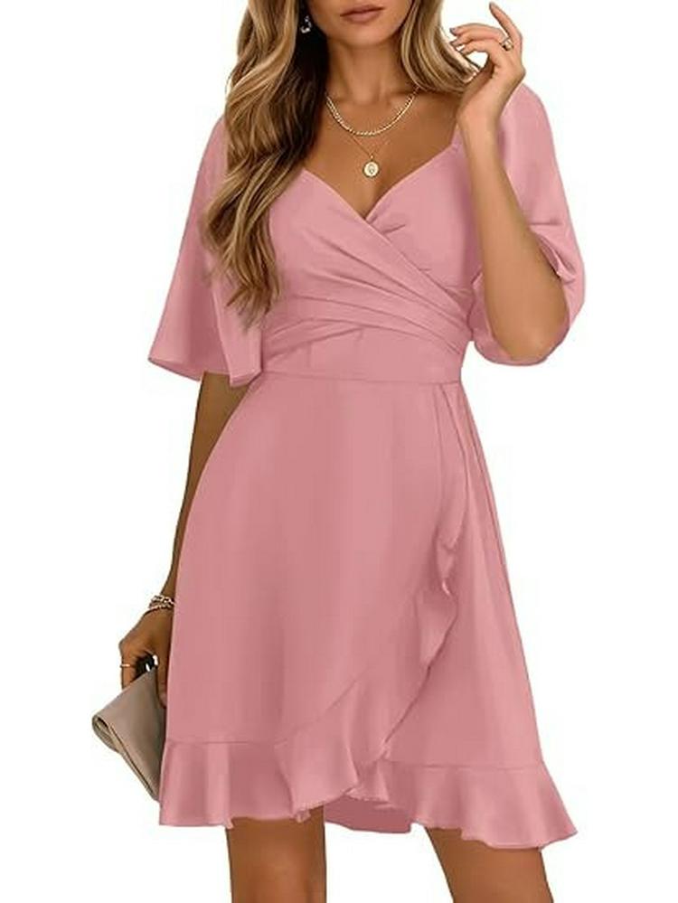 2026 V-Neck Solid Color Ruffle Summer Dress for Women - Stylish Waist-cinching European and American Fashion