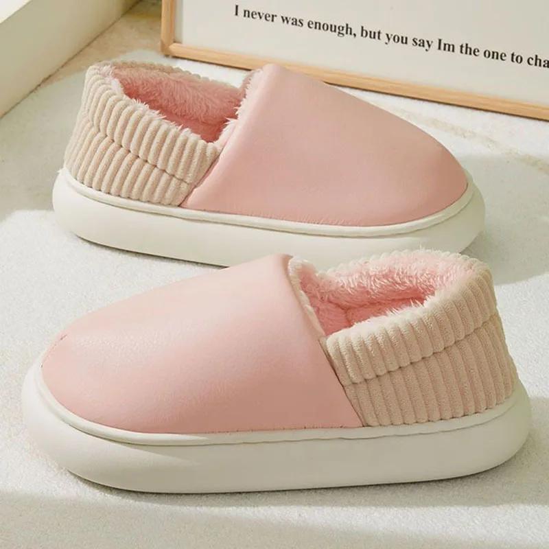 Fashion Comfort Soft Sole Plush Slippers Women Winter Closed Toe Pu Leather Indoor Slides Woman Casual Warm Couple Cotton-Padded Shoes