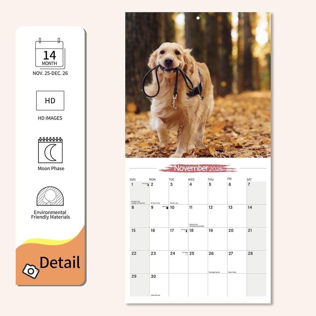 2026 Wall Calendar Golden Retriever Planner Calendar, Hangable Monthly Wall Calendar with Large Blocks for Organizing & Planning, Academic Schedule,