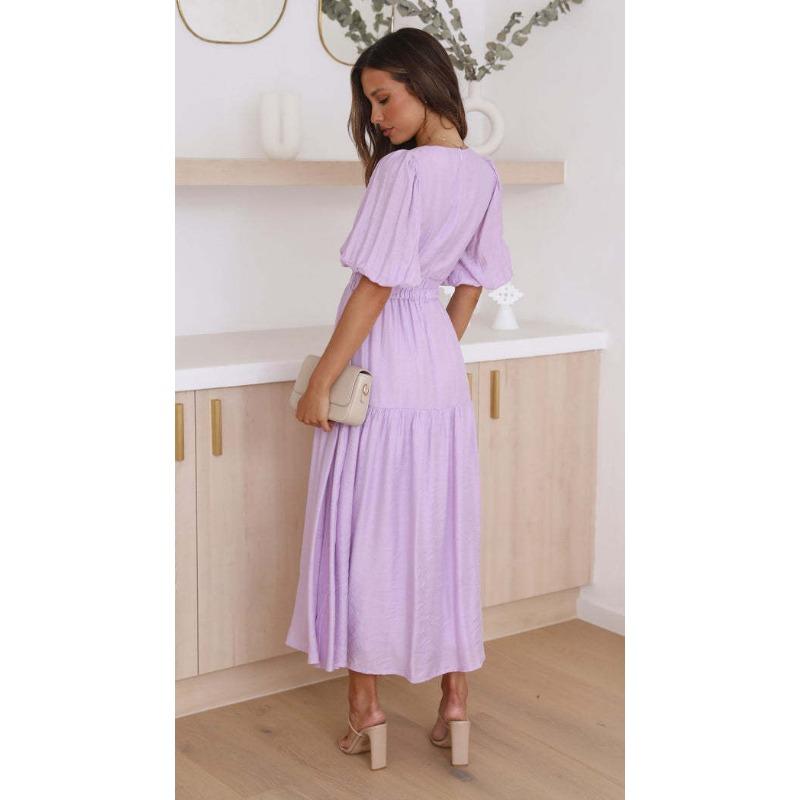 2025 Summer Deep V-neck Puff Short Sleeve Fashion Women Dress New Elegant Solid Color Loose Party Medium and Long Dress Women Slim Fit Women Clothing