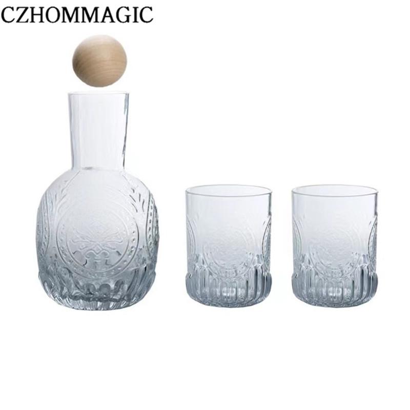 880ml Bedside Water Carafe Glass Cup Drinkware Set Vintage Transparent Cold Water Cup&Bottle for Pitcher Nightstand Bedroom Gift