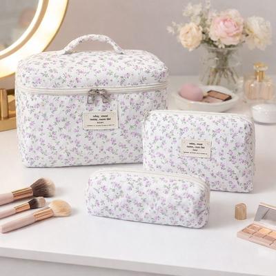 Zipper Aesthetic Cosmetic Organizer Floral Printed Skincare Clutch Toiletry Bag Travel Storage