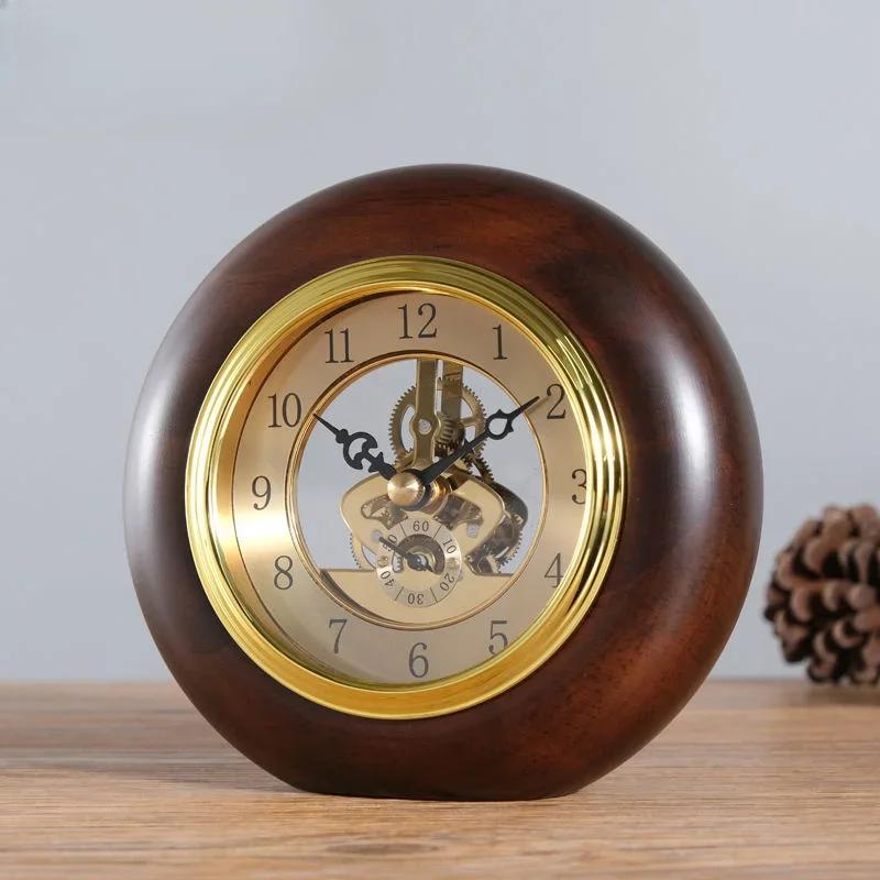 

Wooden Retro Desk Clock Round Table Clock Rotating Clocks Decorative Objects Living Room Desktop Clocks Tables Accessories