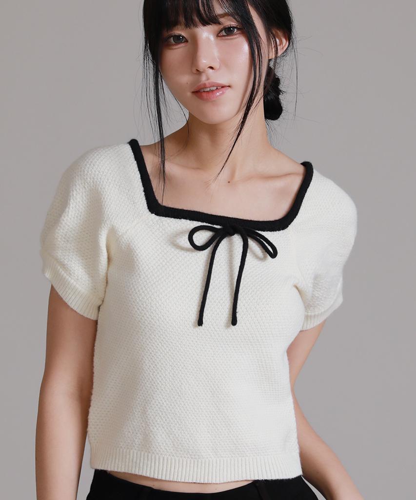 LIKE THE MOST Square Round Ribbon Half Knit_Ivory
